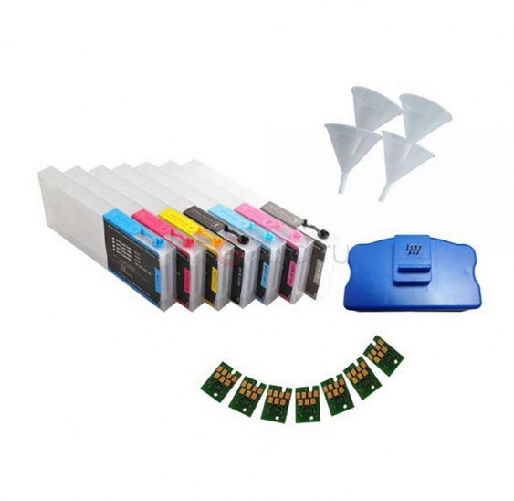 7 перезаправляемых чернильных картриджей для Epson Stylus Pro 7600 / 9600, 4 воронки, 7 чипов и 1 устройство для перезапуска чипов